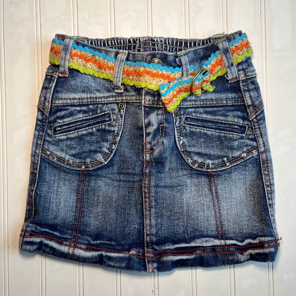 Mary-Kate and Ashley Girls Denim Mini Skirt Size 6 Blue Ric Rac Belt Y2K Boho